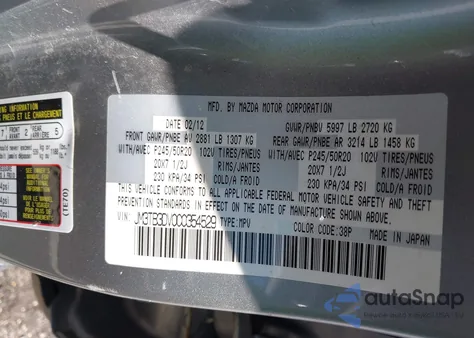 2012 Mazda Cx-9 Grand Touring z USA, uszkodzony, nr VIN JM3TB3DV0C0354529